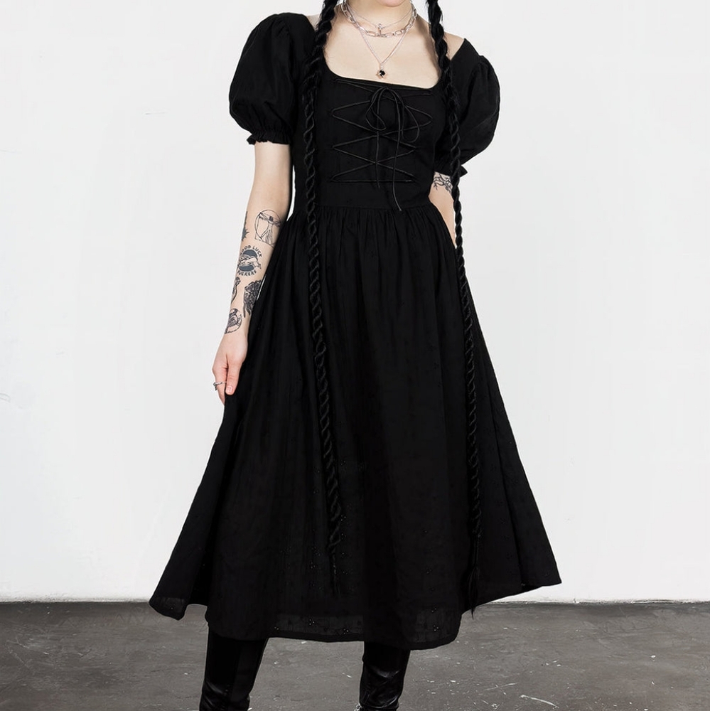 Disturbia Litha Lace Up Broderie Midi Dress XS 2 Black